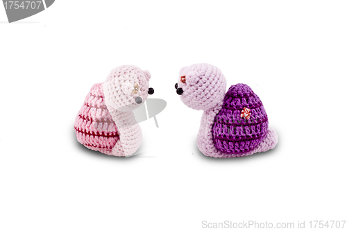 Image of knitted Garden snail in front of a white background