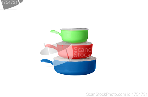 Image of Big stack with pots and pans isolated over white