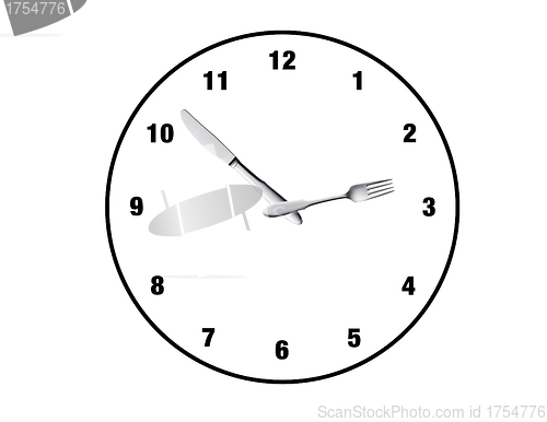 Image of Clock made of spoon and fork, isolated on white background