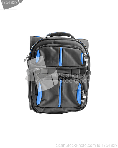 Image of Blue backpack and water with white background