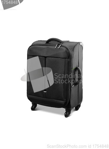 Image of Modern convenient suitcase on castors on a white background