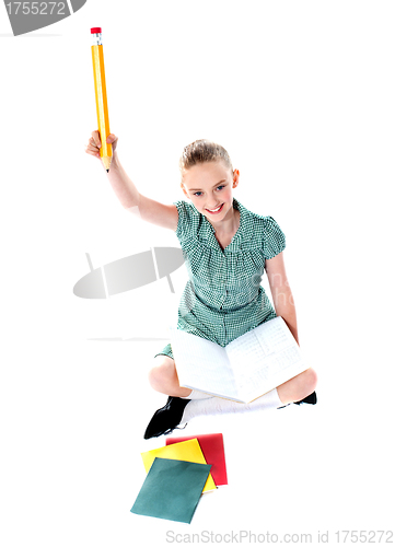 Image of Portrait of lovely girl holding colorful pencil