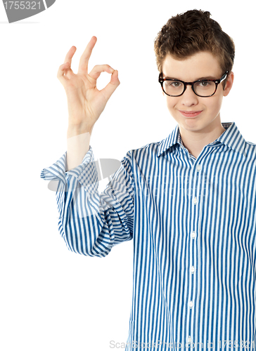 Image of Handsome boy gesturing excellence sign