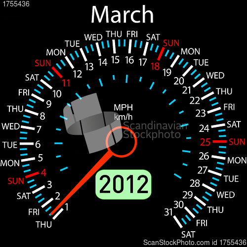 Image of 2012 year ñalendar speedometer car in vector. March.