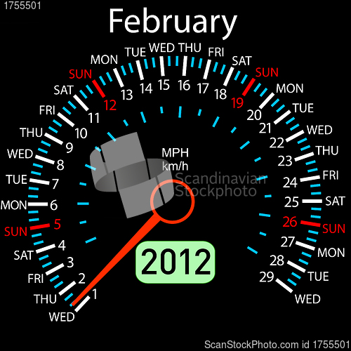 Image of 2012 year ñalendar speedometer car in vector. February.