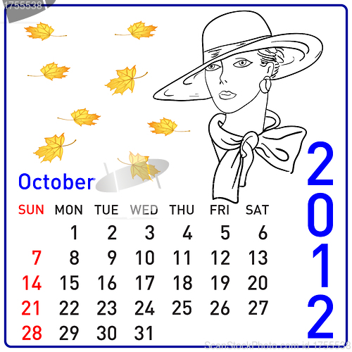 Image of 2012 year calendar in vector. October
