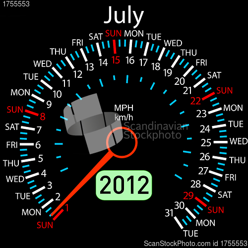 Image of 2012 year ñalendar speedometer car in vector. July.