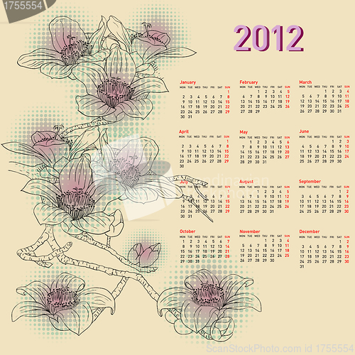 Image of Stylish calendar with flowers for 2012. Week starts on Monday.