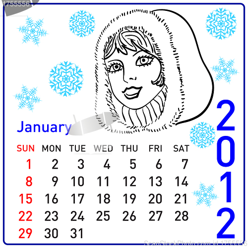 Image of 2012 year calendar in vector. January.