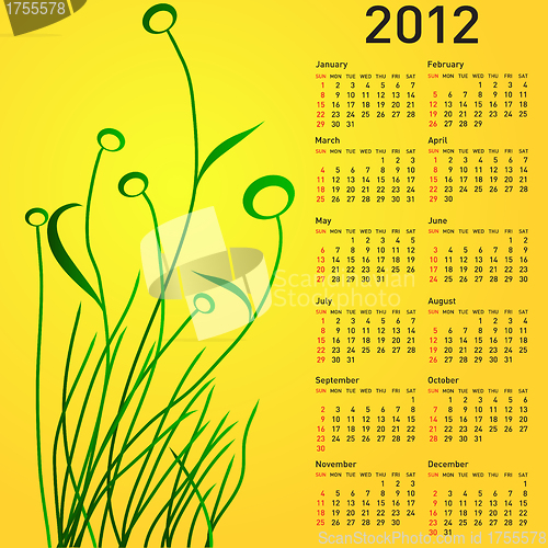 Image of Stylish calendar with flowers for 2012. Week starts on Sunday.