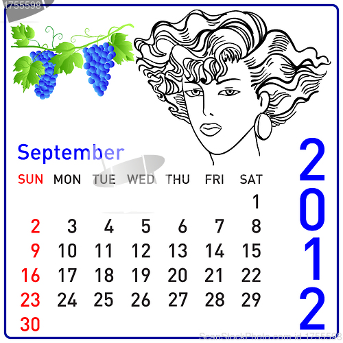 Image of 2012 year calendar in vector. September.