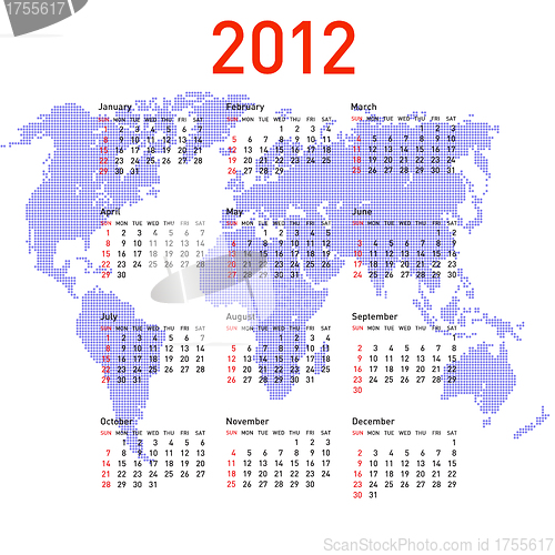 Image of calendar 2012 with world map. Sundays first
