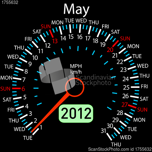 Image of 2012 year ñalendar speedometer car in vector. May.