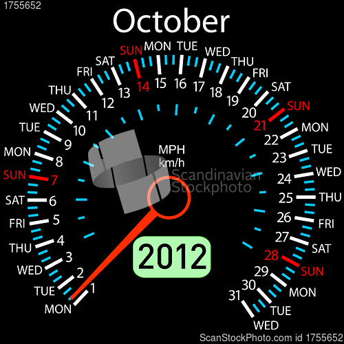 Image of 2012 year ñalendar speedometer car in vector. October.