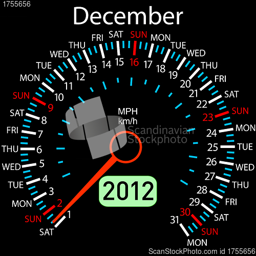 Image of 2012 year ñalendar speedometer car in vector. December.