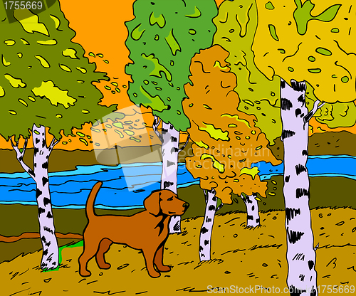 Image of autumn sunny landscape with forest river and dog - vector illust