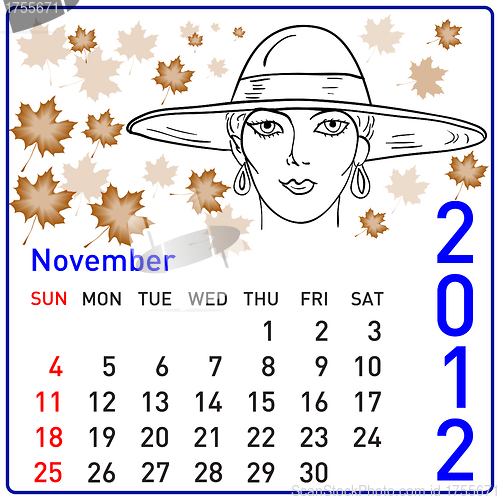 Image of 2012 year calendar in vector. November.