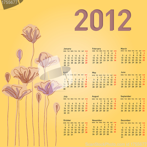 Image of Stylish calendar with flowers for 2012. Week starts on Monday.