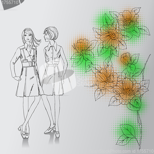 Image of fashion girls  on a floral background