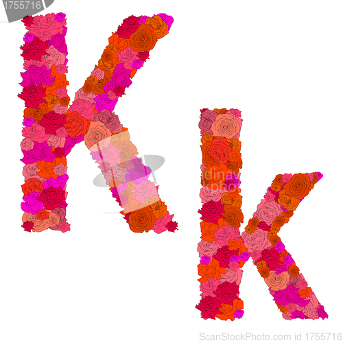 Image of Flower alphabet of red roses, characters K-k