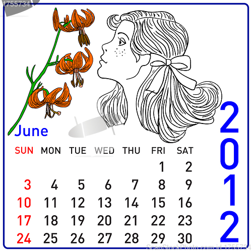 Image of 2012 year calendar in vector. June.