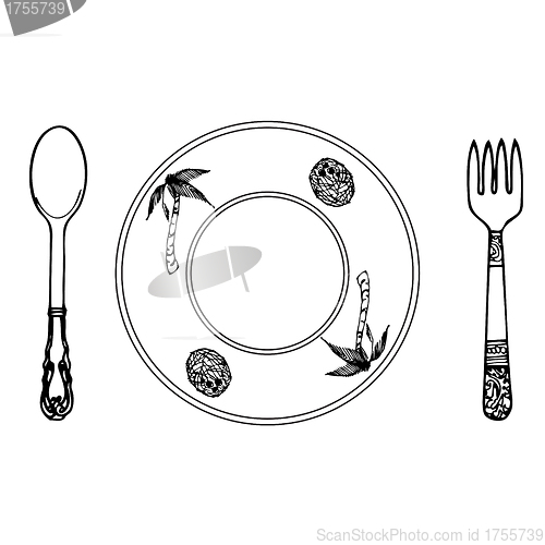 Image of cartoon plate, fork and spoon