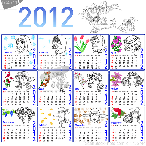 Image of 2012 year calendar in vector. Hand-drawn fashion model.