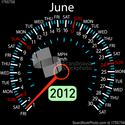 Image of 2012 year ñalendar speedometer car in vector. June.