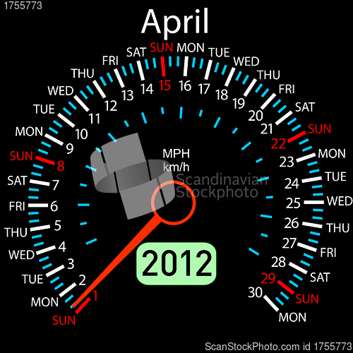 Image of 2012 year ñalendar speedometer car in vector. April.