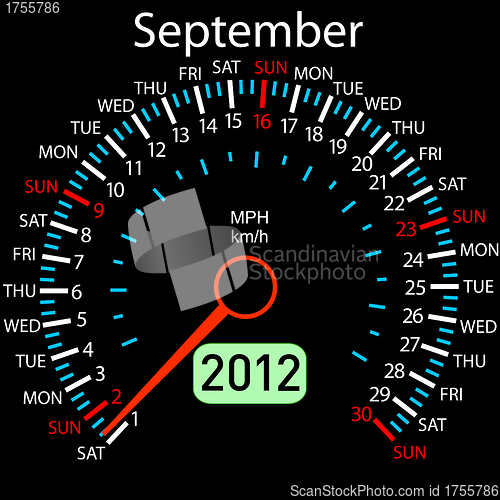 Image of 2012 year ñalendar speedometer car in vector. September.