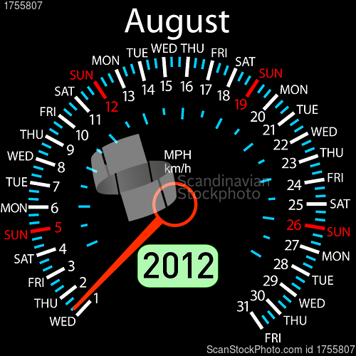 Image of 2012 year ñalendar speedometer car in vector. August.