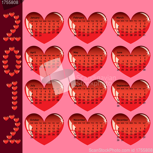 Image of Stylish calendar with red hearts for 2012. Sundays first