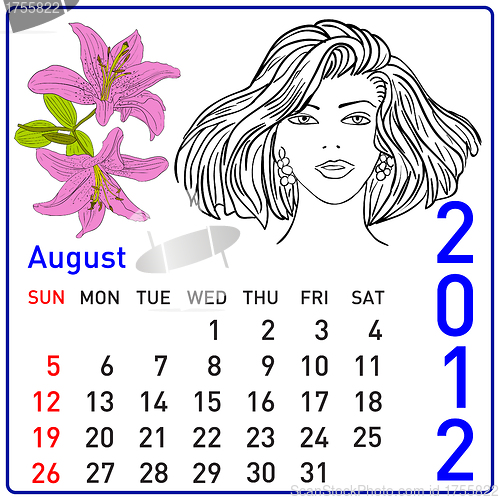 Image of 2012 year calendar in vector. August.