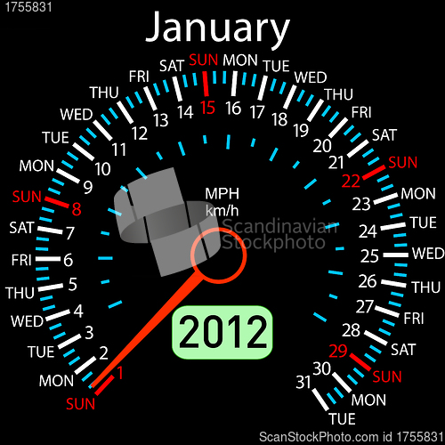 Image of 2012 year ñalendar speedometer car in vector. January.