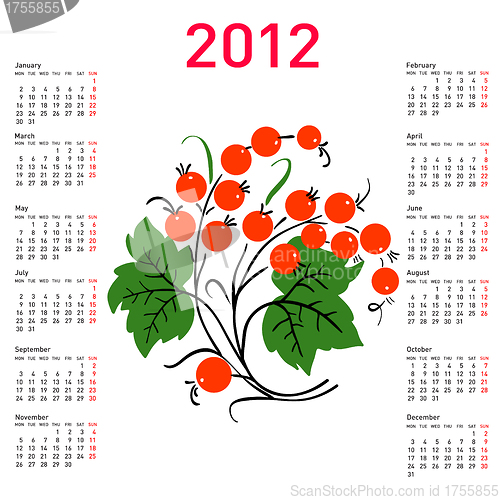 Image of Stylish calendar with flowers for 2012. Week starts on Monday.