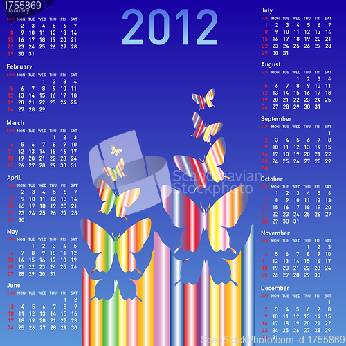 Image of Stylish calendar with  butterflies for 2012. Week starts on Sund