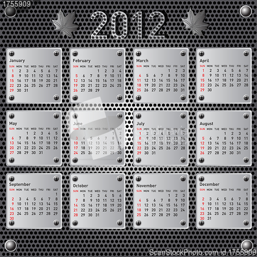 Image of Stylish calendar with metallic  effect for 2012. Sundays first