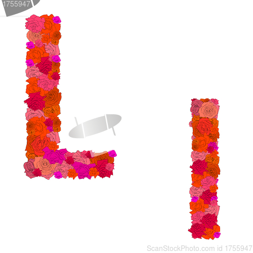 Image of Flower alphabet of red roses, characters L-l