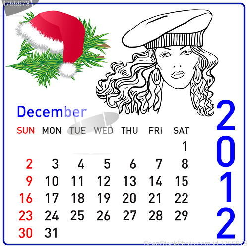 Image of 2012 year calendar in vector. December.