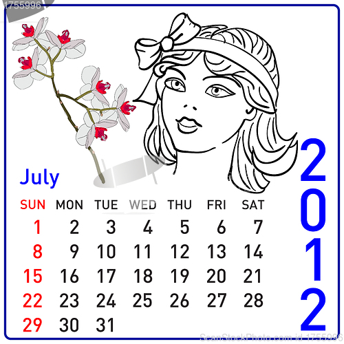 Image of 2012 year calendar in vector. July.