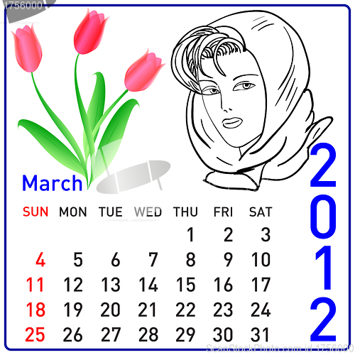 Image of 2012 year calendar in vector. March.