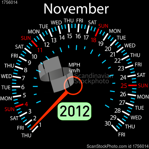 Image of 2012 year ñalendar speedometer car in vector. November.