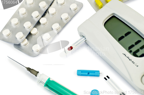 Image of Glucometer with pills and a syringe