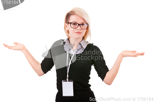 Image of Smiling businesswoman with blank ID badge