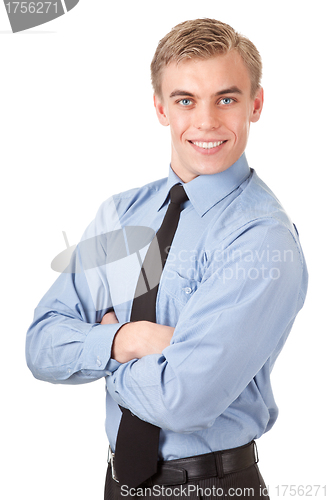 Image of portrait of a happy manager in the blue shirt