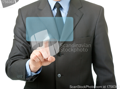 Image of man pushes an invisible button in the visual display
