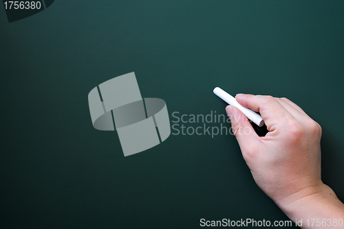 Image of Blackboard background with a hand holding chalk writing.