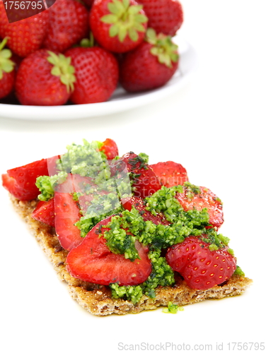Image of Strawberry brusketa with parsley pesto.