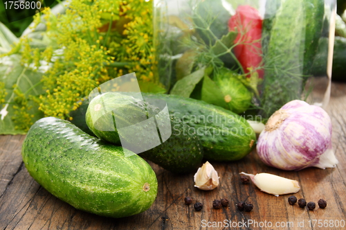 Image of Cucumbers, herbs and spices for pickling.