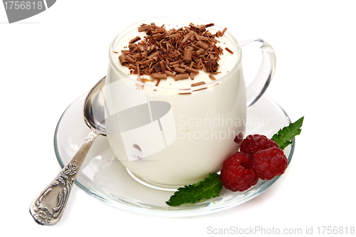 Image of Bavarian cream with raspberries and chocolate.